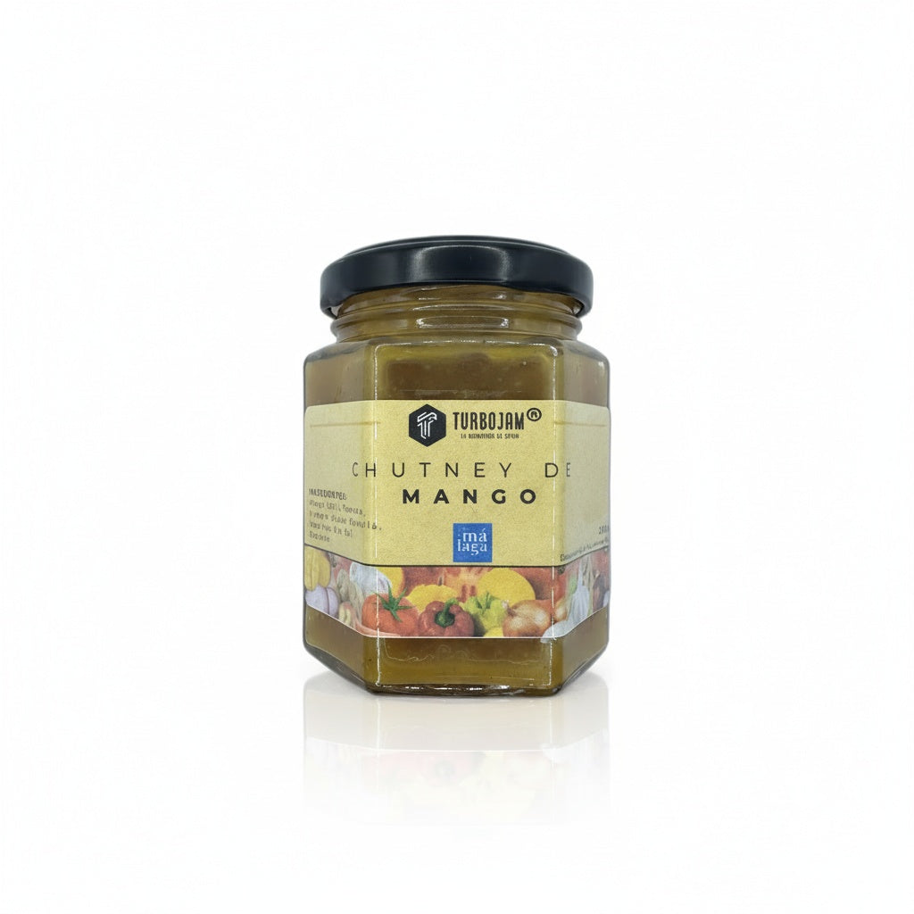 Jar of Turbojam Chutney de Mango on a white background