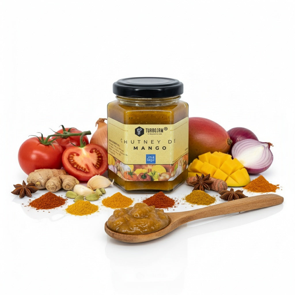 Tarro de Chutney de Mango de TurboJam con ingredientes en un fondo blanco